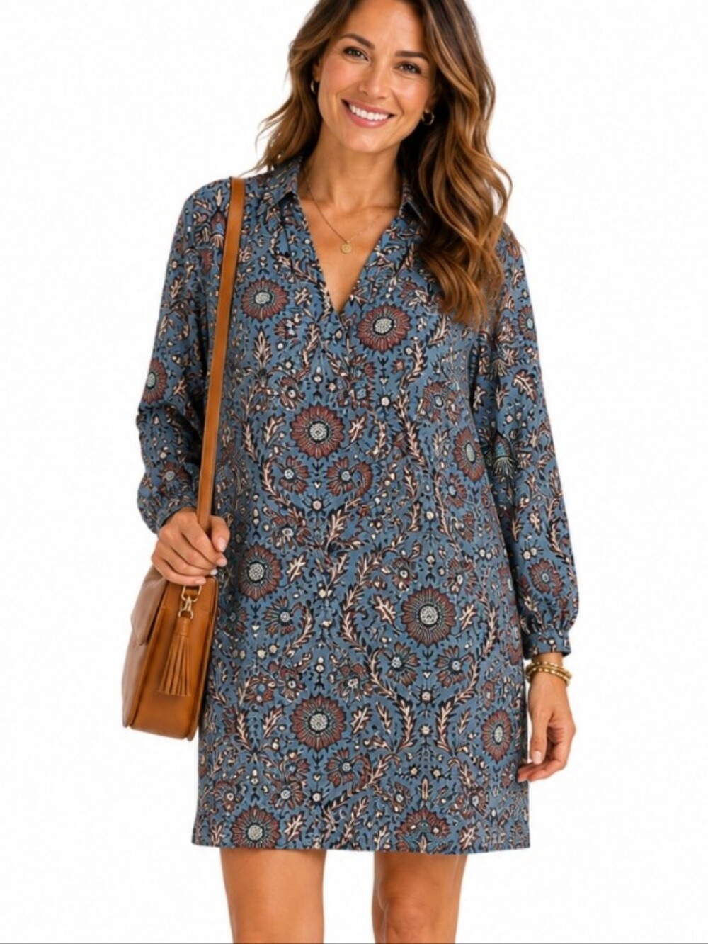 Cabi Blue Floral Lined Tunic Dress XL Long Sleeve Boho